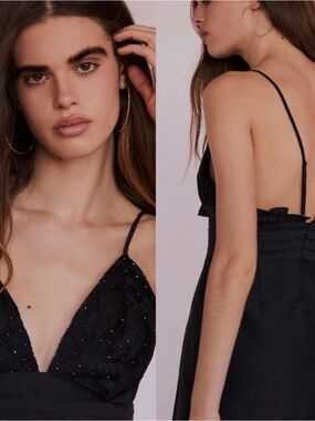 NWT $250 Free People Black We Go Together Beaded Mini V-Neck Dress 12